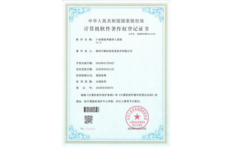 计算机软件著作权登记证书T+标准版单据导入系统